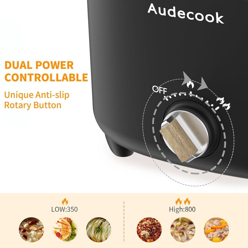 Audecook Hot Pot Electric, 2.5L Portable Nonstick Multicooker for 1-3 Persons, Honeycomb Texture Travel Electric Skillet with Dual Power Temperature Control for Steak/Egg/Noodles/Oatmeal (Black) - Image 5